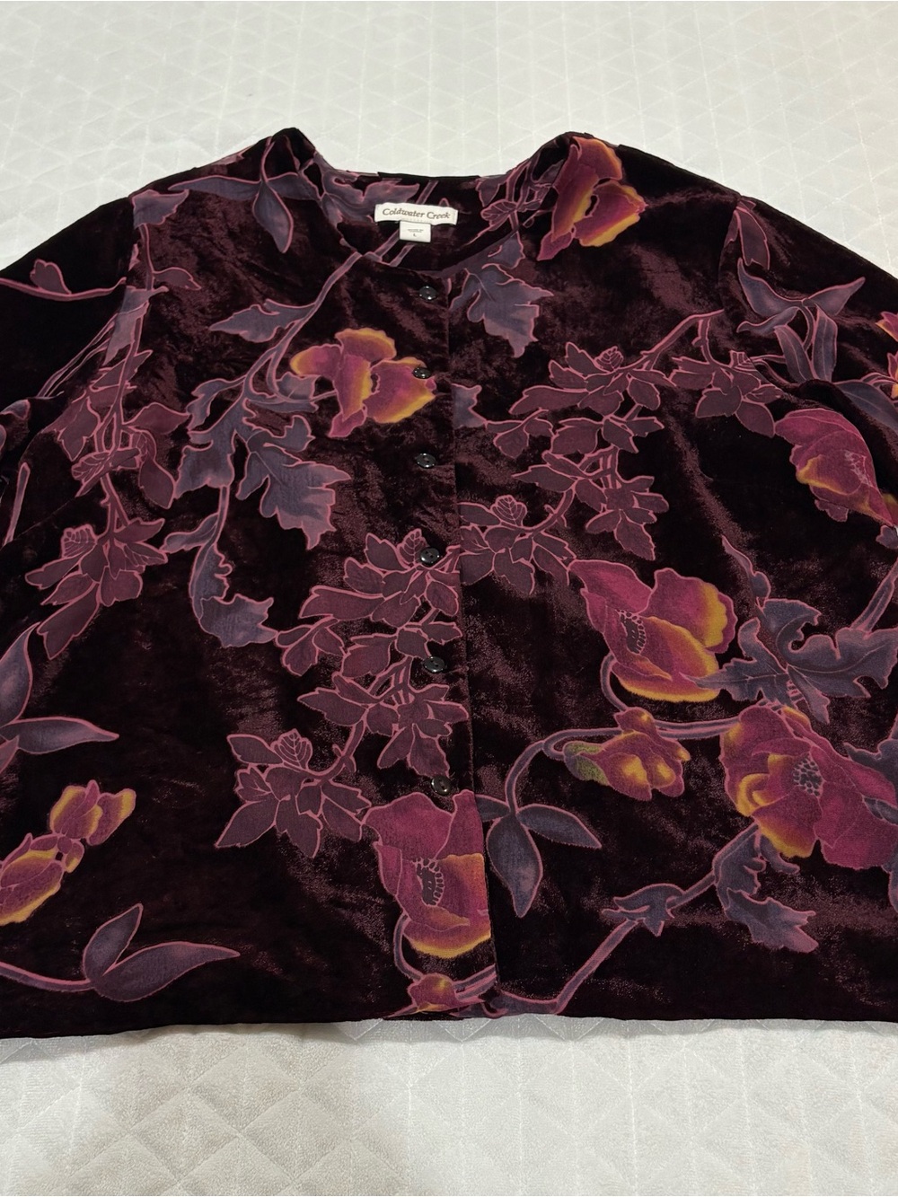VTG Coldwater Creek Button Down Top Sz L Burgundy Pink Velvet Burnout Long Sleev - Picture 4 of 15